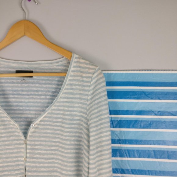Linen Blouse, 100% Linen Blue Gray White striped top Mother of pearl button, S - Picture 3 of 10